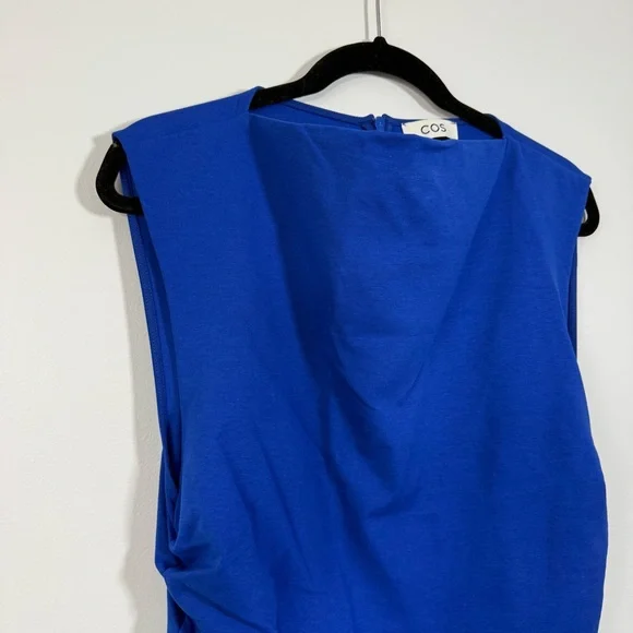 New Cos Gathered Midi Maxi Dress Blue Sleeveless Jersey Elastane Ruched Large - Picture 4 of 9